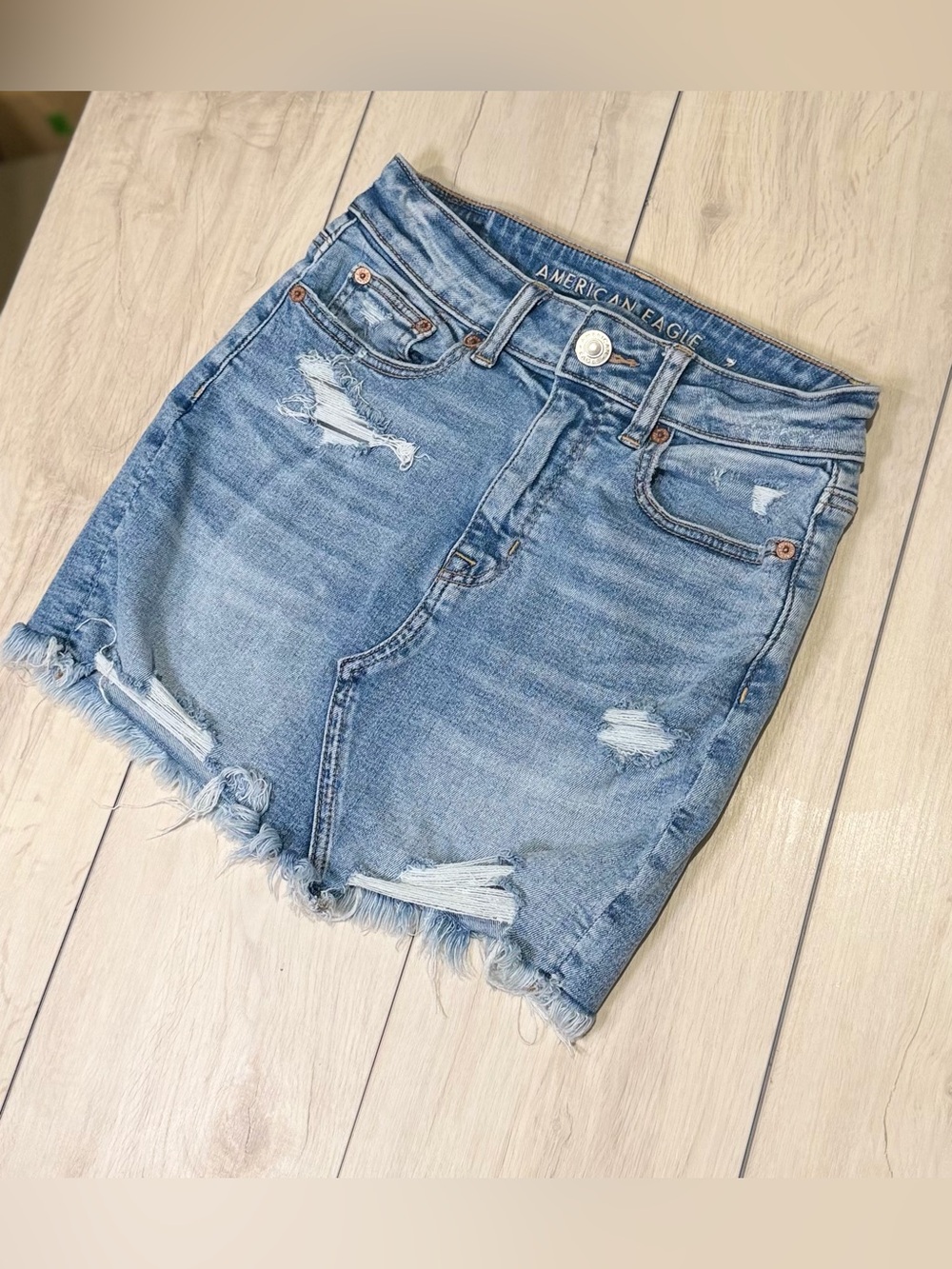 American Eagle Y2K Light Blue Wash Distressed High Rise Denim Mini Skirt 2